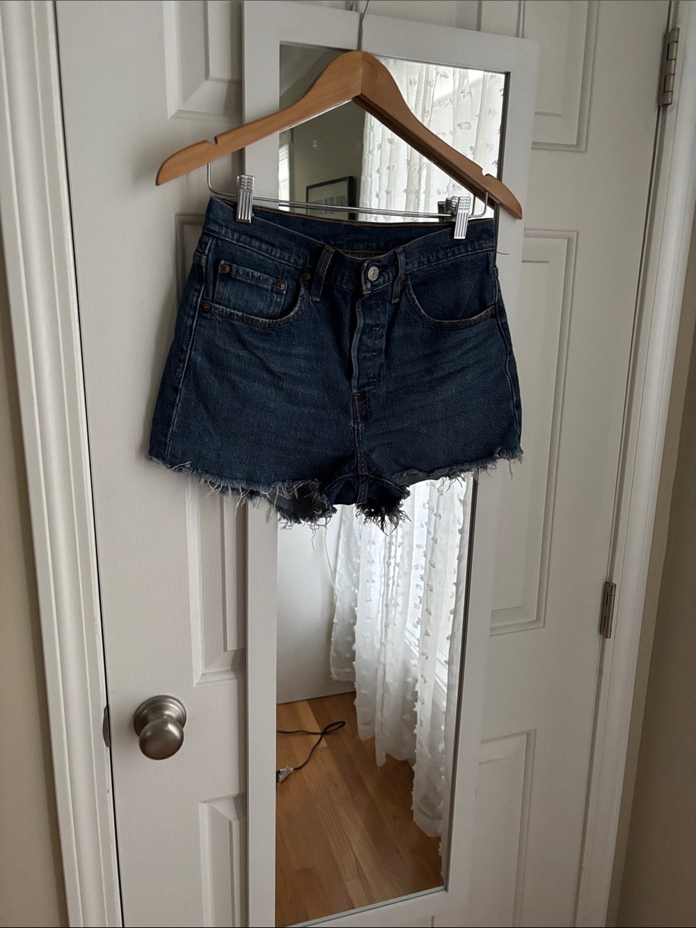 Levis 501 Dark Blue Denim Frayed Hem Women's Shorts
